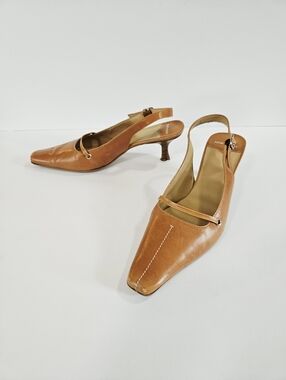 Vintage Nine West Brown Leather Snip Toe Mary Jane Kitten Heel Sling Back Pumps